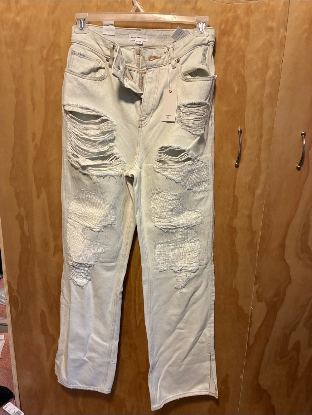 Good American Distressed Wide Leg Jeans in Pale Cream